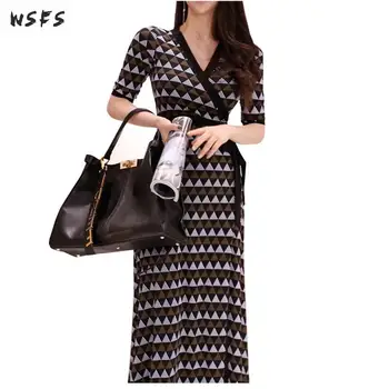 

Summer Black Dresses Diamond Plaid Vneck Womens Dress 2019 Casual Office Ladies Vintage Belt Elegant Sexy Party Long Maxi Dress
