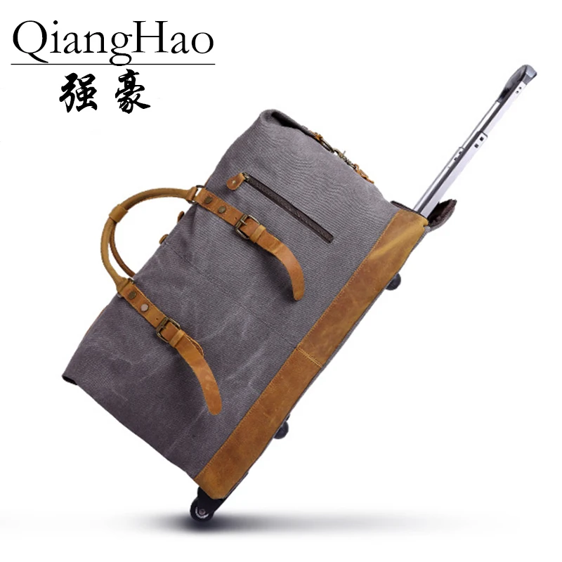 

High capacity Men Large Canvas luggage Trunk Trolley Case Suitcase on wheel cow leather travel trolley bag