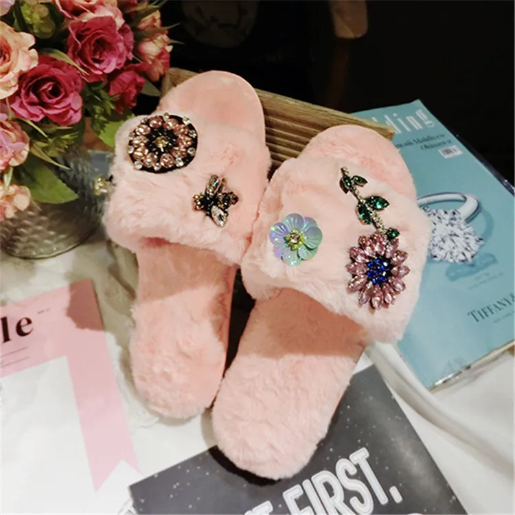 Women Indoor Slippers Shoes Flower Bee Rhinestone White Crystal Shoes Princess Ladies Autumn Winter Warm Plush Slippers M8G15 (14)