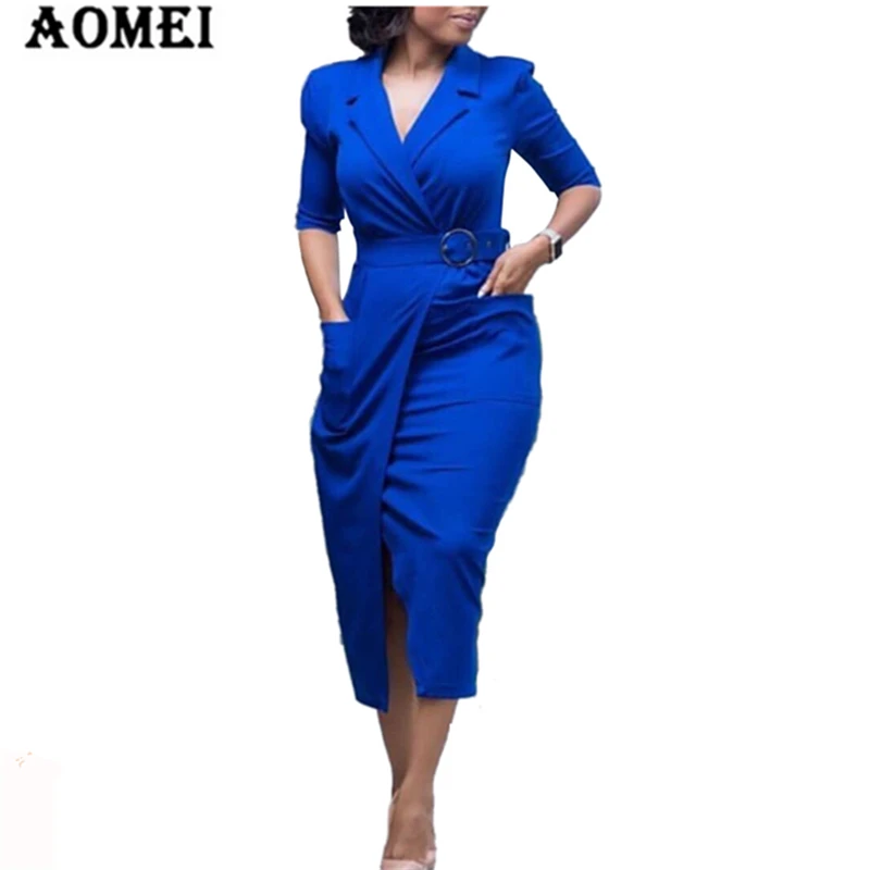 

Women Office Dress Red Blue with Waistbelt Wrap Split Elegant Plus Size Midi Pockets Ladies Classy Femme Autumn Spring Robes