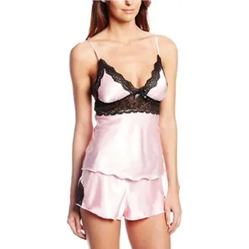 

Women Fashion Candy Color Sling Sleepwear Suit Deep V Sleeveless Suspenders Lingerie Sexy Lace Shorts Home Pajamas Set