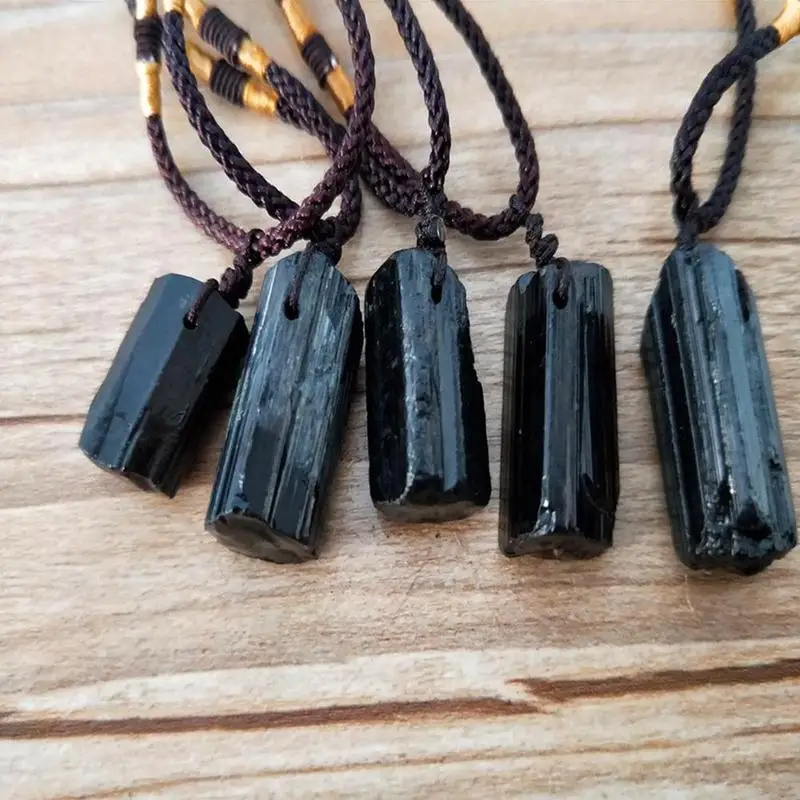 Natural Black Tourmaline Crystal Stone Pendant Necklace 