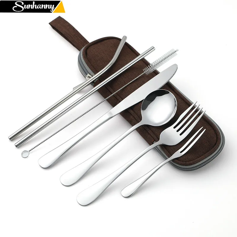

Sunhanny Dinnerware Set Travel Camping Cutlery Set Reusable Silverware with Metal Straw Spoon Fork Chopsticks and Portable Case