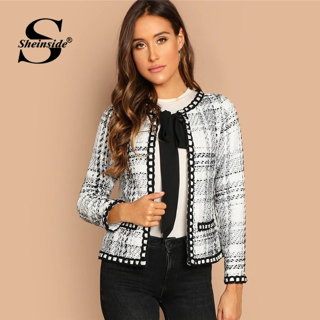 Sheinside Tie Neck Whipstitch Detail Tweed Coat Women Autumn Jacket Black and White Elegant