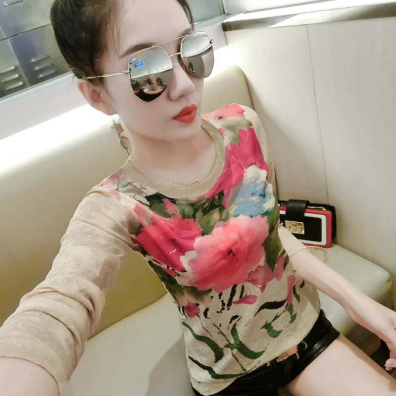 

shintimes Tee Shirt Femme Basic Print Tshirt Plus Size Women Tops 2019 Fashion Temperament Slim T Shirt Womens Long Sleeve