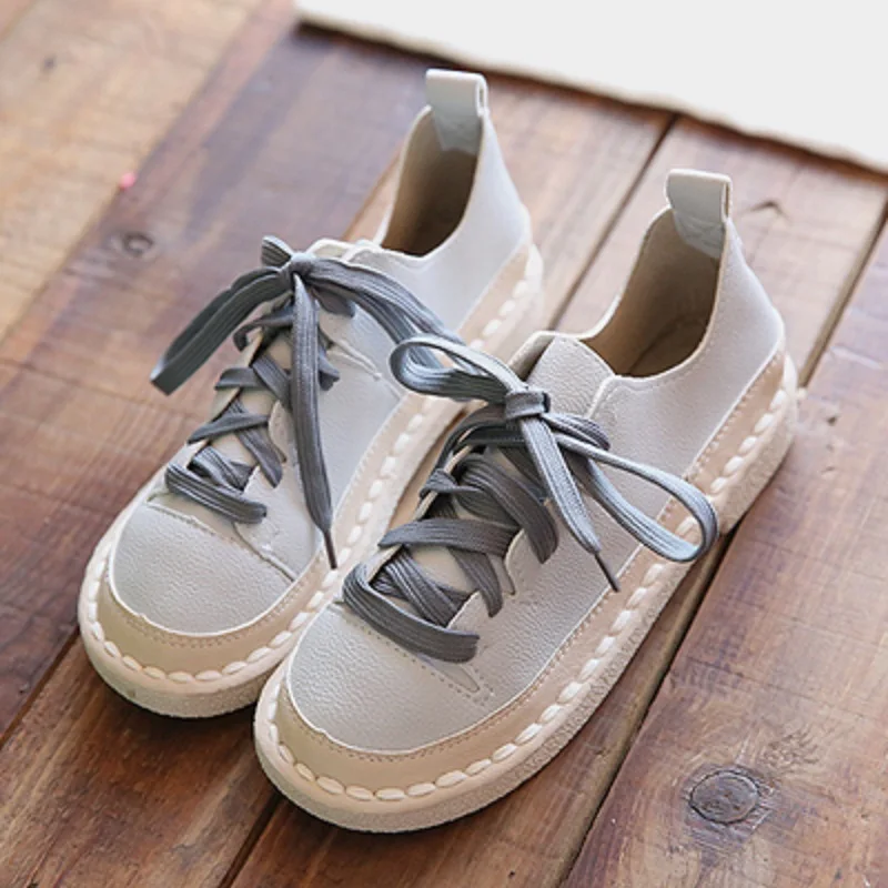 2019 new round head lace-up flats autumn handmade comfortable soft bottom wild casual shoes women's shoes