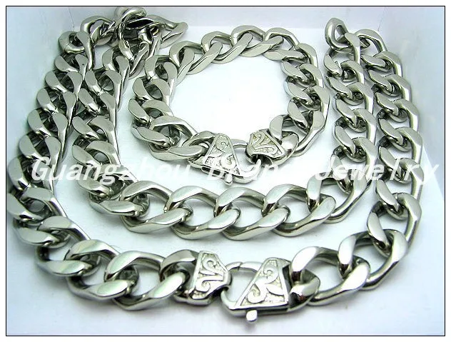 

New Arrive Fashion Men's Jewelry Set 15mm Width Silver Stainless Steel Highly Polished Neklaces 60cm&Bracelets 22cm For Men Boy