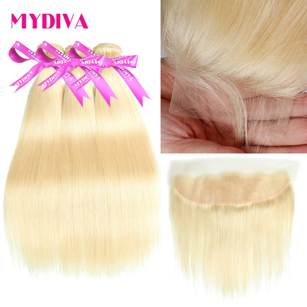 Brazilian Straight Hair Weave Bundles With Frontal 613 Bundles With Frontal Blonde Human Hair Bundle With Closure Remy Mydiva