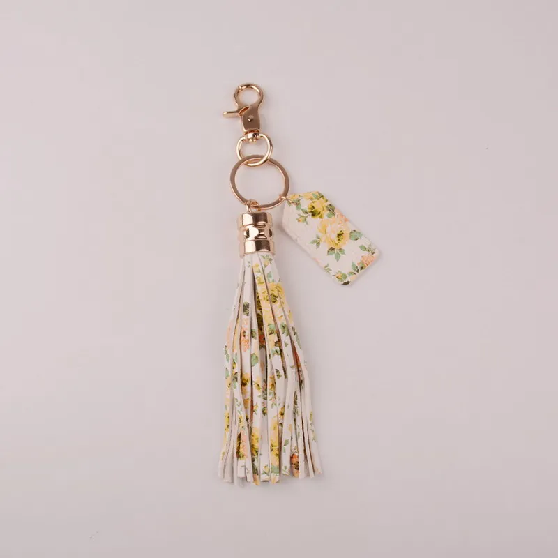 Брелок держатель Ретро ювелирные изделия многоцветный цветок монограммой длинный кожаный брелок для ключей с кисточкой, на сумку кулон брелок для автомобильных ключей, брелок с принтом