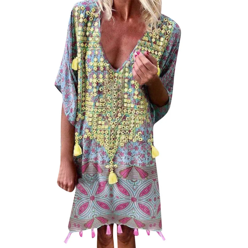 

Vintage Ethnic Women Summer Dress Print Bat Short Sleeve Low Cut V-Neck Beachwear Casual Loose Mini Boho Dress Sundress 2019