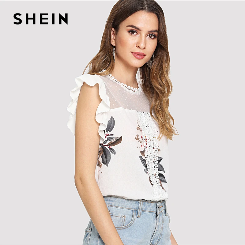 SHEIN Dot Mesh Yoke Lace Applique Ruffle Top Beige Floral Print Round Neck Cap Sleeve Blouse Women Summer Casual Blouses