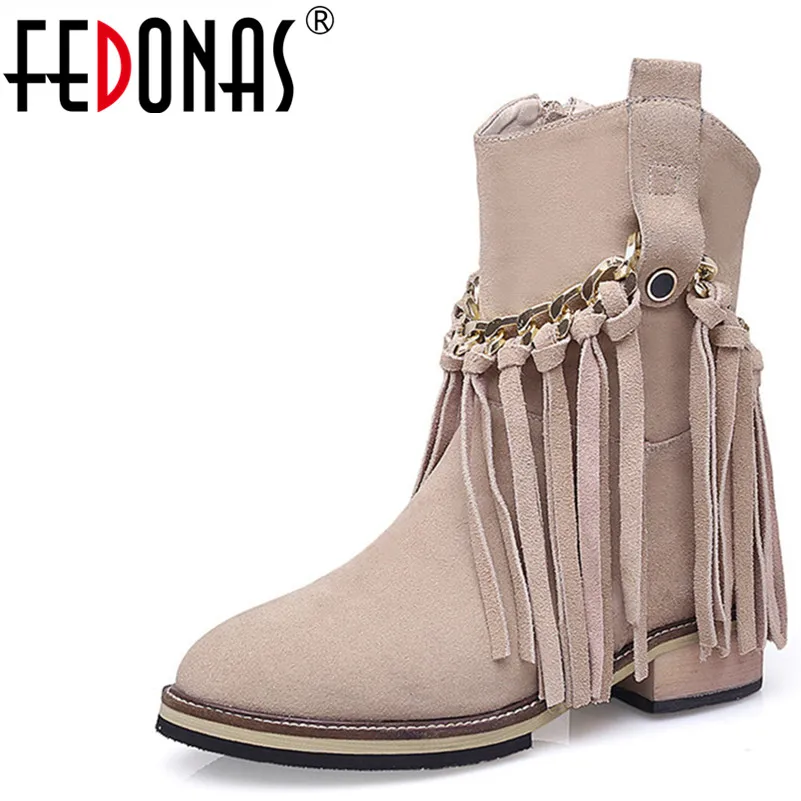 

FEDONAS Fashion Wedding Party Ankle Boots Suede Leather Autumn Winter Warm Shoes Rome Fringe Round Toe Vintage Sweet Shoes Woman