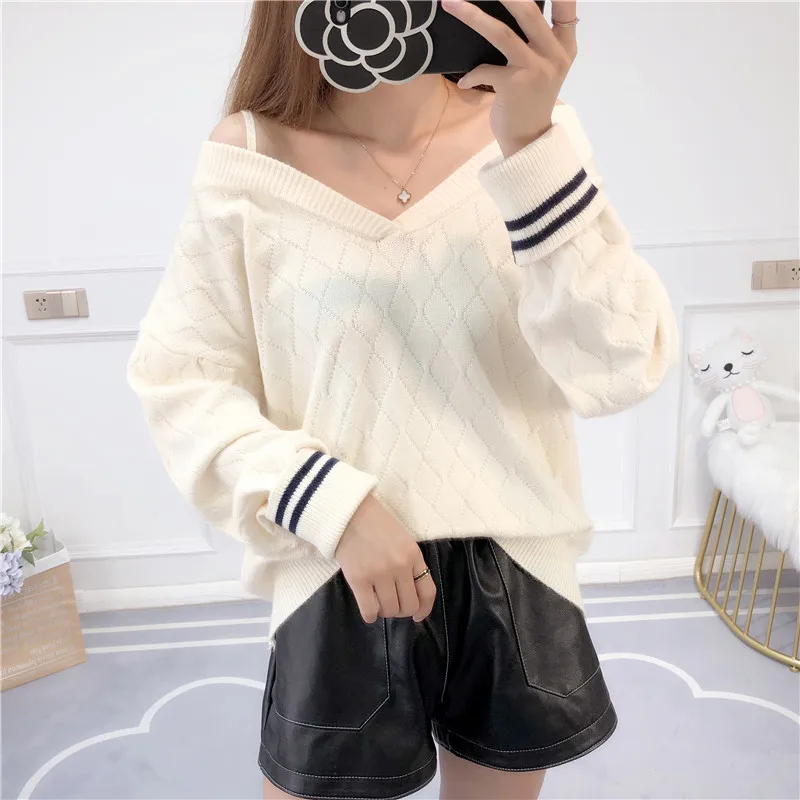 

women fashion 2019 v neck sweater female top woman long sleeve warm sweaters solid Knitted pullover