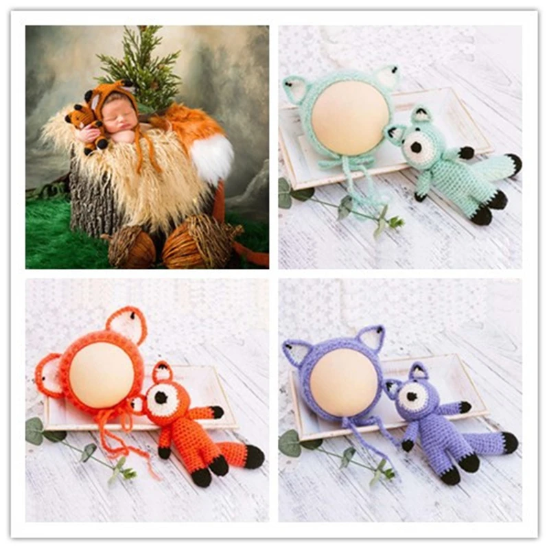 

Newborn Photography Props Accessories Hat Cap + Doll Sets Infant Soft Bonnet Handmade Knitted Beanie Toy Fotografia