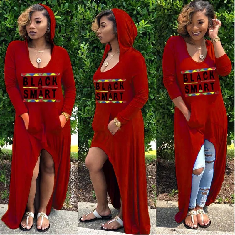 

African Clothing Women Casual Loose Letter Printed Dress Hooded Pocket Maxi Gown Robe Hippie Africa T Shirt Dress for Woman