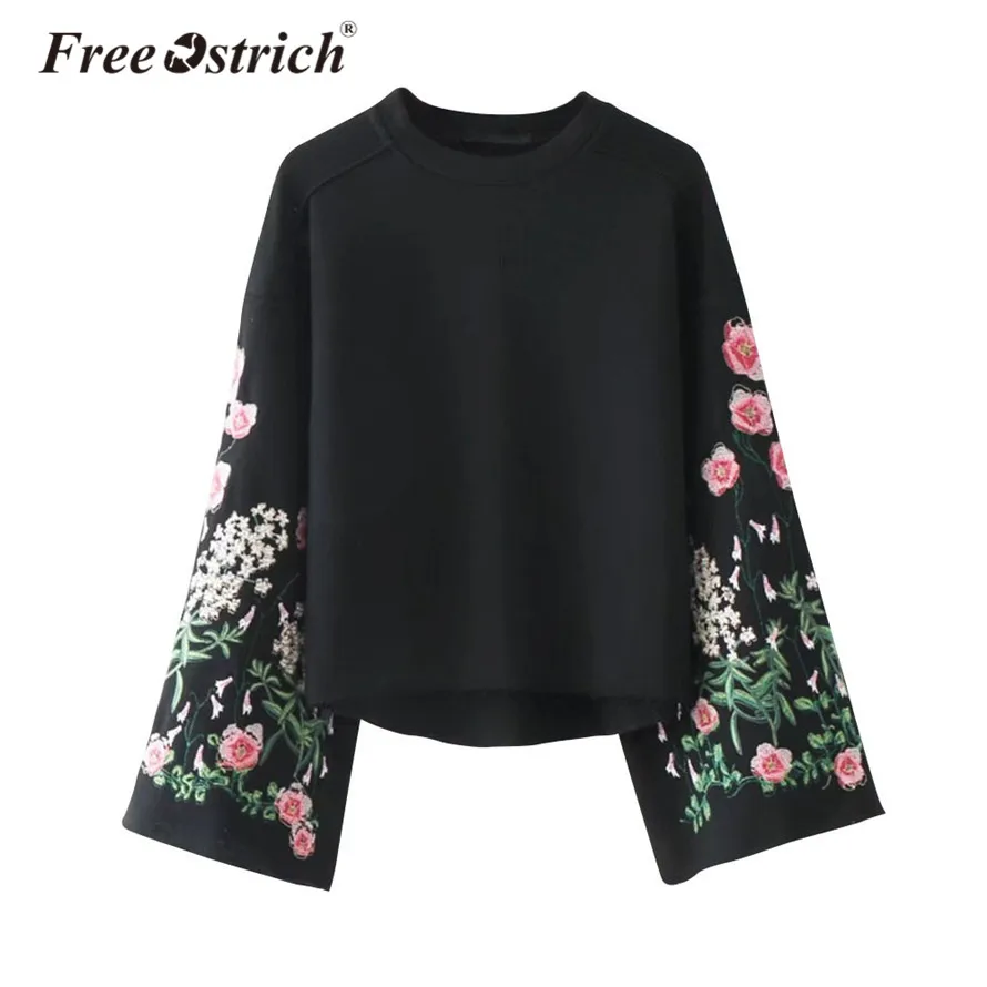 

Free Ostrich 2019 Women Elegant Floral Embroidery Flare Sleeve Warm Winter pullover Vintage Tops Aug24