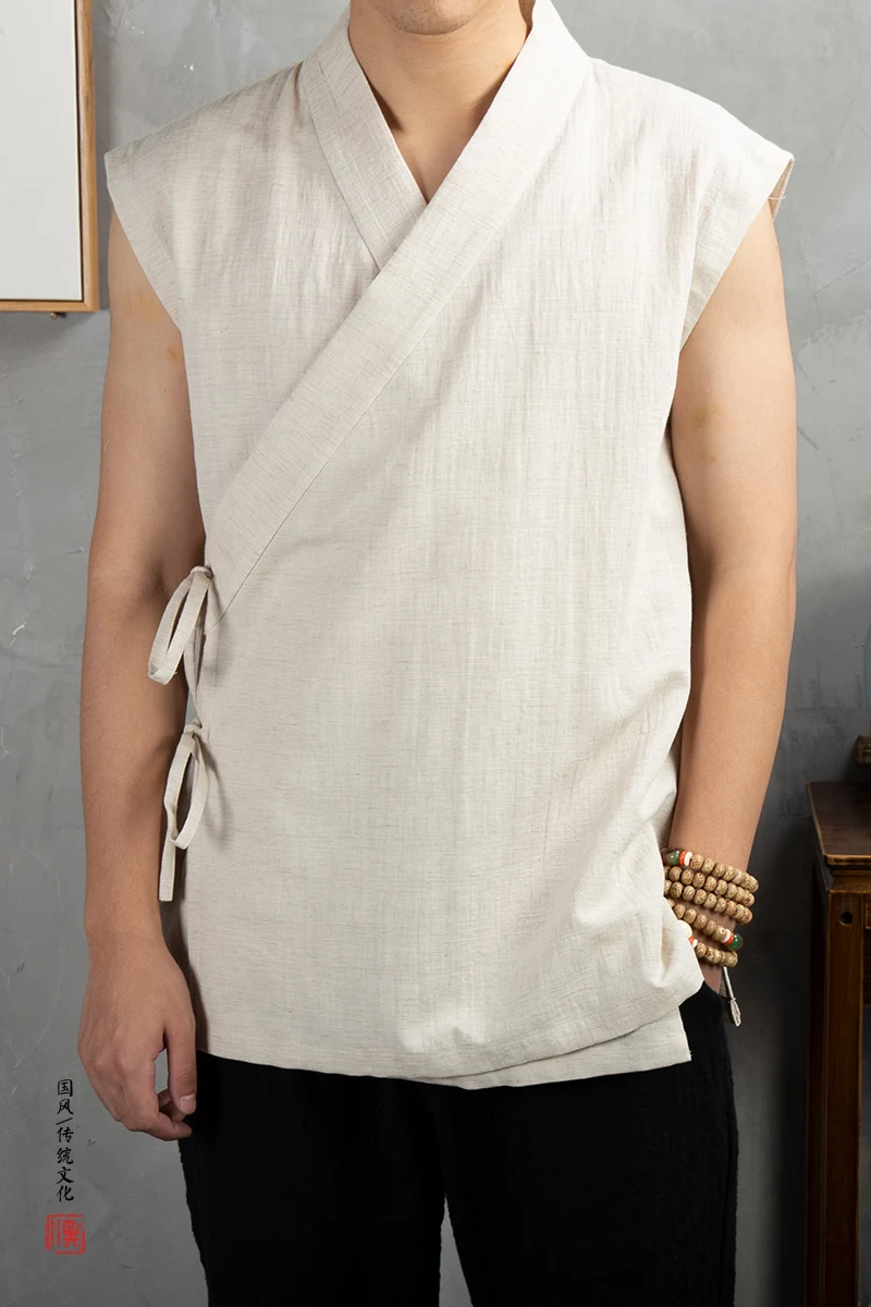 Traditional Chinese Clothing  Hanfu Men Linen cotton sleeveless Jacket mens tang suit Kimono Cardigan Male Open Stitch Coat 6