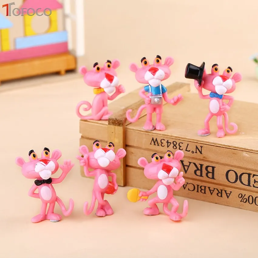 TOFOCO 6pcs/set Mini Pink Panther Action Figure Toys Cute Cartoon 4.5Cm PVC Animals Model Collection Toys For Children Gift