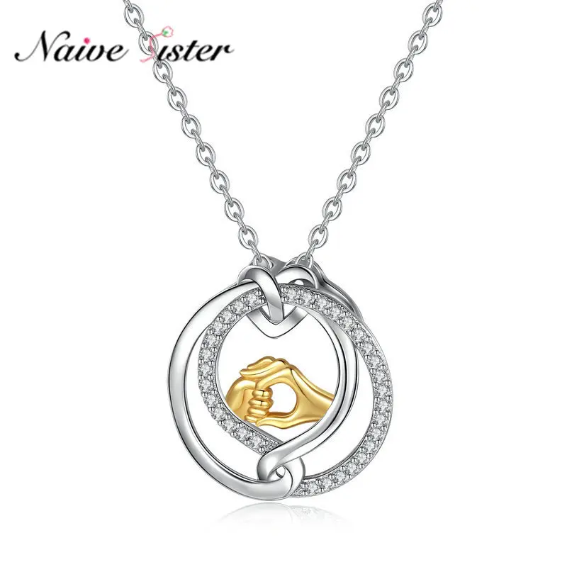 

New Real 925 Silver 18k Gold Plated 2-tone Hand In Hand Pendant Necklace Mothers Day Gift Heart Engagement Anniversary Jewelry