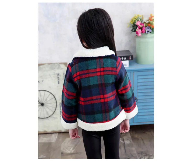 Autumn fall plaid thicken woollen jacket for girls kids zipper casual coat for girl woolen coat for girls (11)