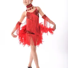 Новинка Для детей с блестками с отделкой из перьев, выступление на сцене конкурс Бальные Латинский танцевальный костюм платье для танцев для девочек