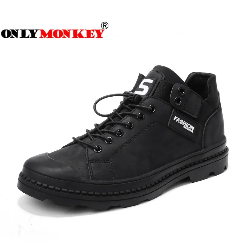 

ONLYMONKEY Men Leather Walking Shoes Thick Sole Platform Waterproof Outdoor Sport Shoes Rubber Sole Non-slip Sneakers Men