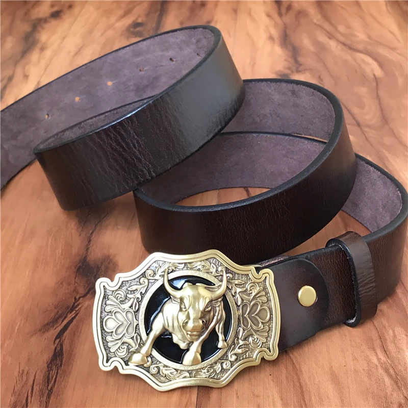 Cinturón de vaquero de toro de latón hebilla de cinturón de hombre cinturón de cuero genuino grueso hombres Ceinture Homme Cinturon Jeans correa de cintura MBT0524 - 5