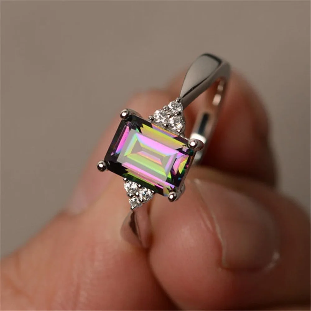 Мистическое Радужное обручальное кольцо с кристаллами, посеребренное кольцо, ювелирное изделие серебряного цвета