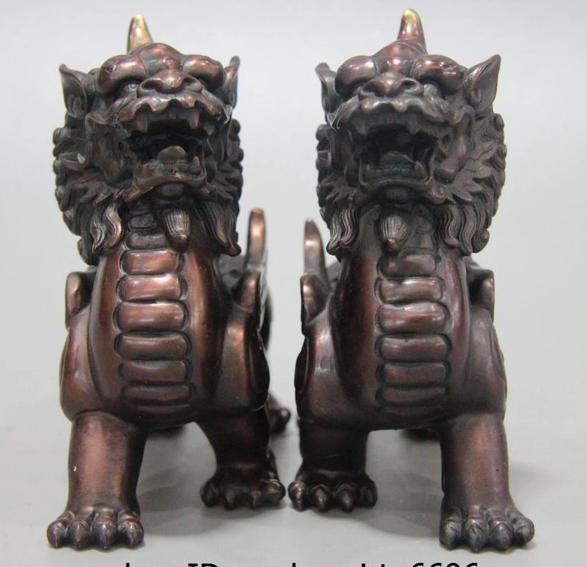 

5 Chinese Bronze Copper Fengshui Wealth Brave troops Unicorn Foo Dog Lion Statue