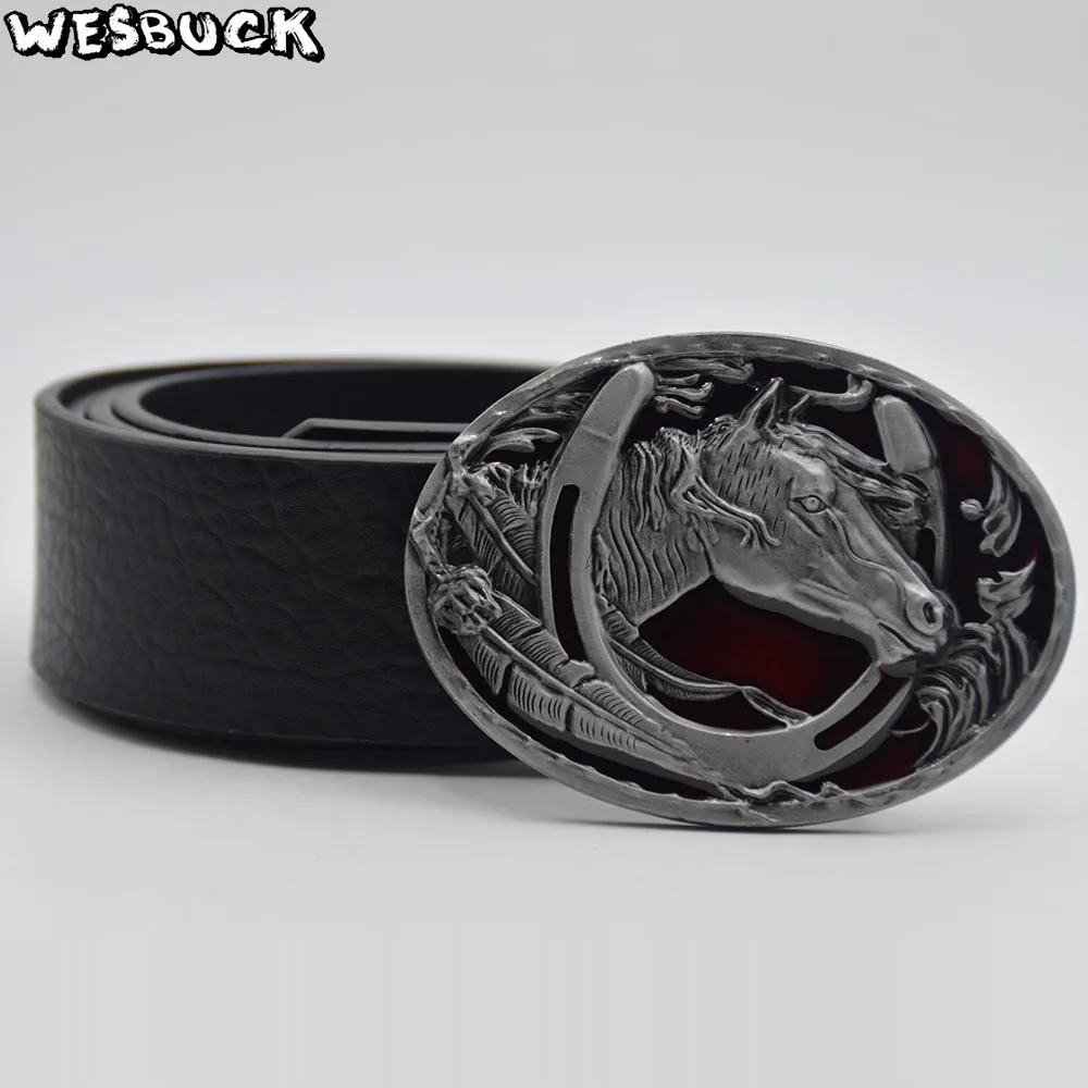 

5 PCS MOQ WesBuck Brand Horseshoes Red Metal Belt Buckle for Man Unisex Western Buckles Cowgirl Horse Cowboy Buckle With PU Belt