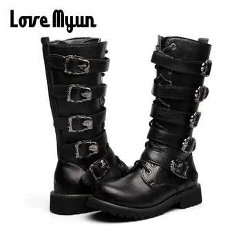 

Men Motocross Boots Motorcycle Shoes PU Leather Rock Mid-calf Buckle Motorbike Boots Punk shoes Motorcycle Boots OO-79