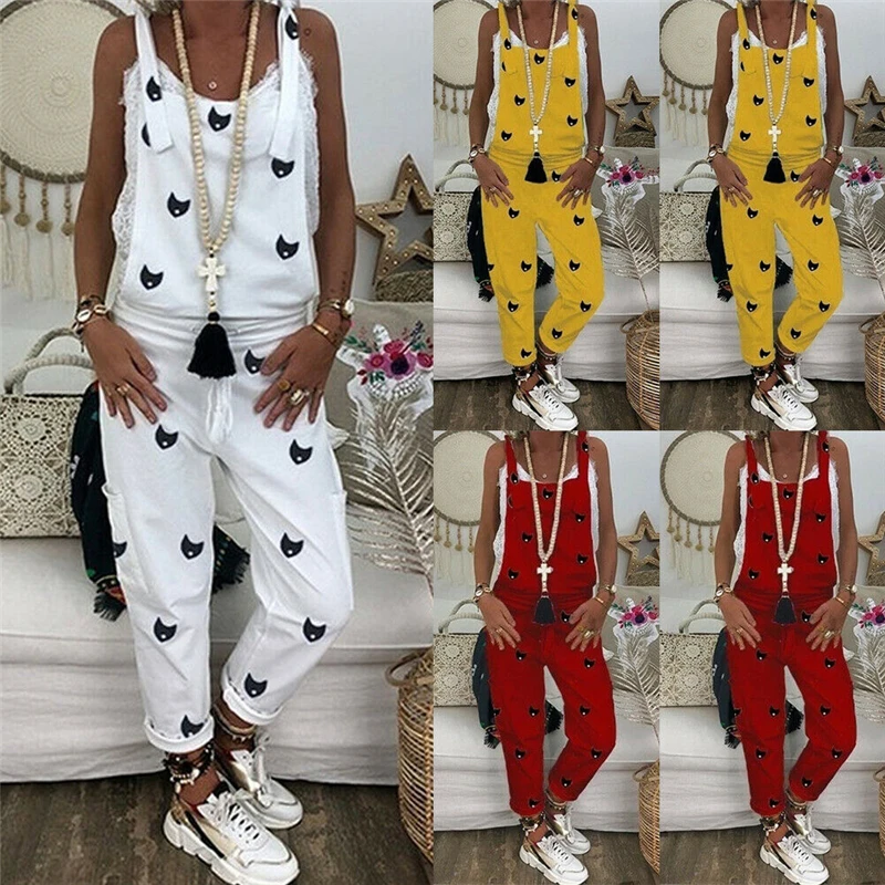 

2019 New Women Boho Print Jumpsuits Romper Sexy Strappy Straight Loose Overall Jumpsuit Women Casual Loose Playsuit Long Trouser