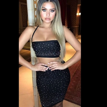 

Newest Black Two 2 Pices Women Set Sexy Chic Summer Dress Beading Spaghetti Strap 2019 Backless Celebrity Evening Party Dresses