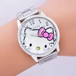 2016 Лидер продаж модные женские туфли часы из нержавеющей стали для девочек Рисунок «Hello Kitty» кварцевые часы для мультфильм часы 1 шт
