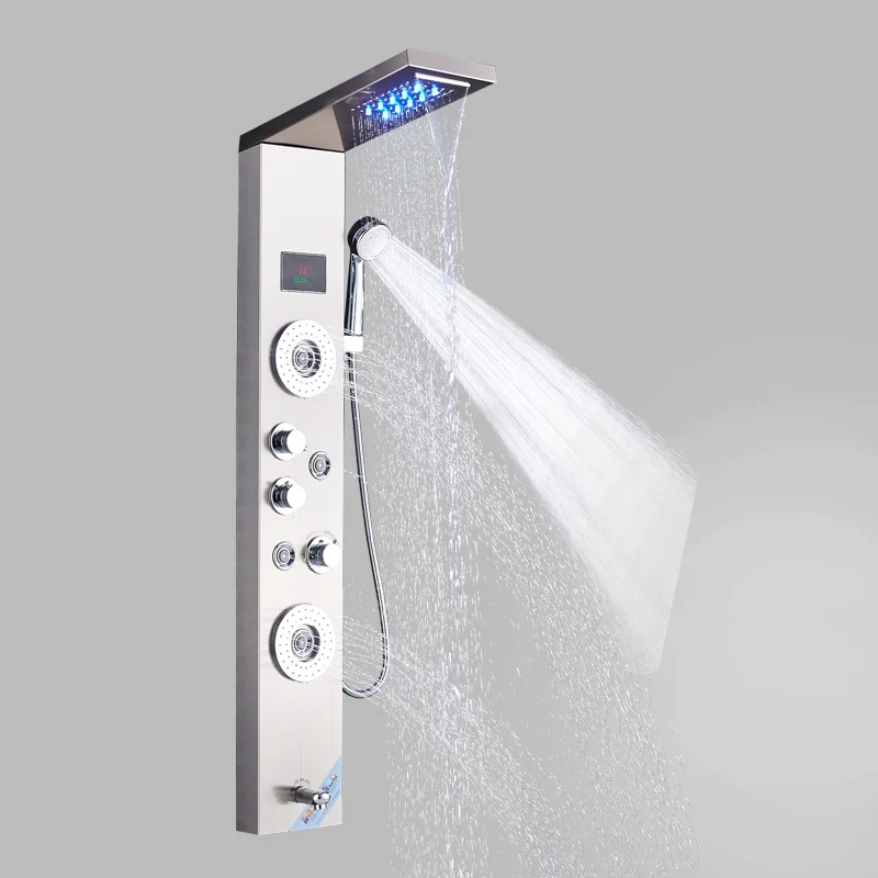 POIQIHY Rvs Waterval & regendouche Panel Massage Jets Thermostatische