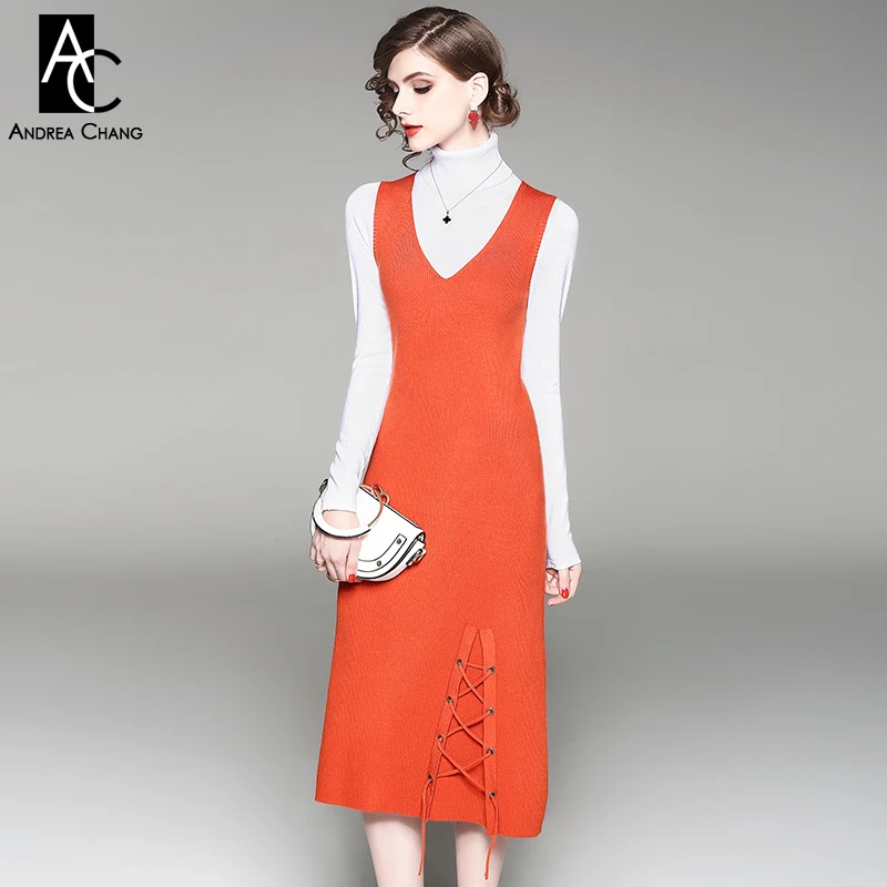 

autumn winter woman dress set turtleneck white sweater + orange tank dress drawstring bottom calf length knitted dress suit set
