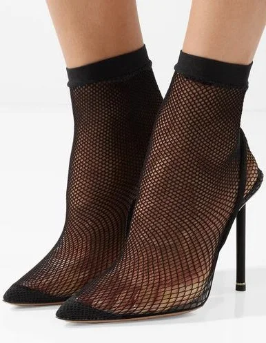 

New 2018 Brand Women Sexy Black Pointed Toe Stiletto Heel Slip On Elastic Fishnet Socks Short/Over The Knee Boots Plus Size 42