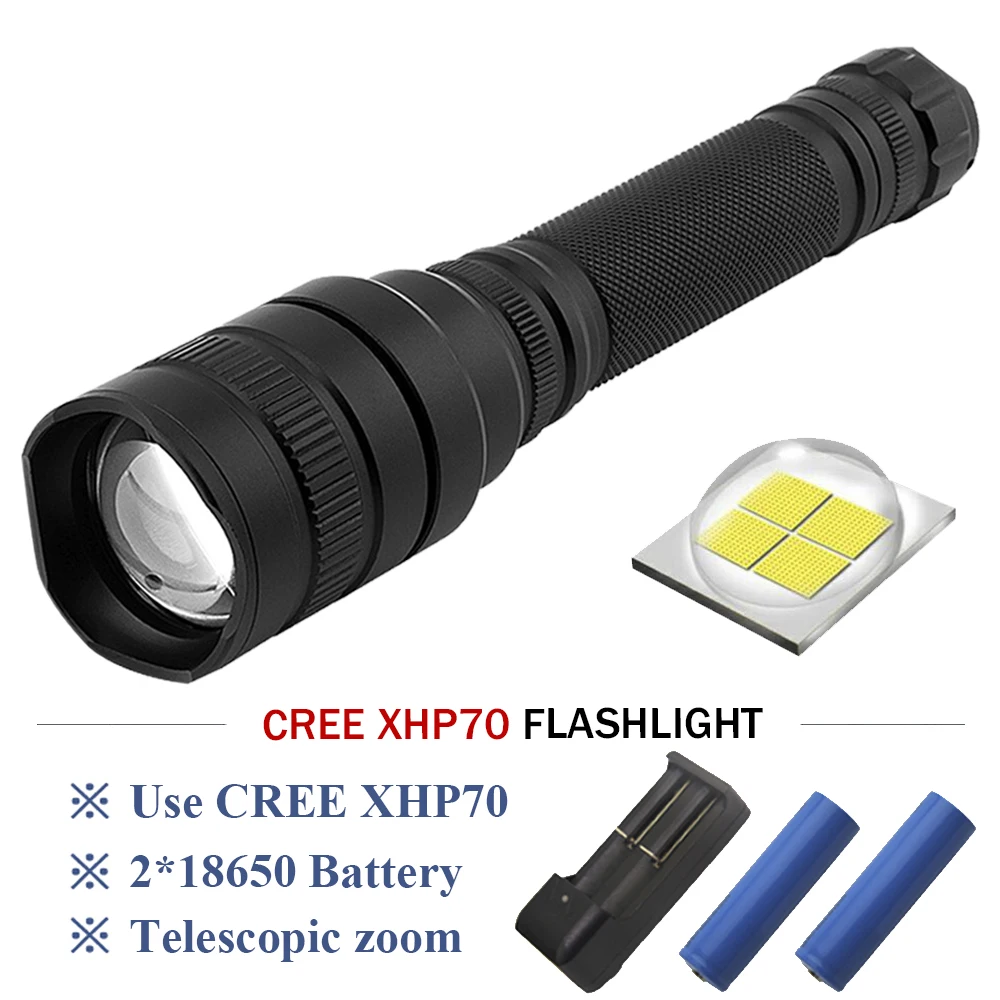 

LED flashlight Hard Light Cree-XHP70 Aluminum alloy torch Tactical led Charging defense Lantern For Camping Hiking light 18650