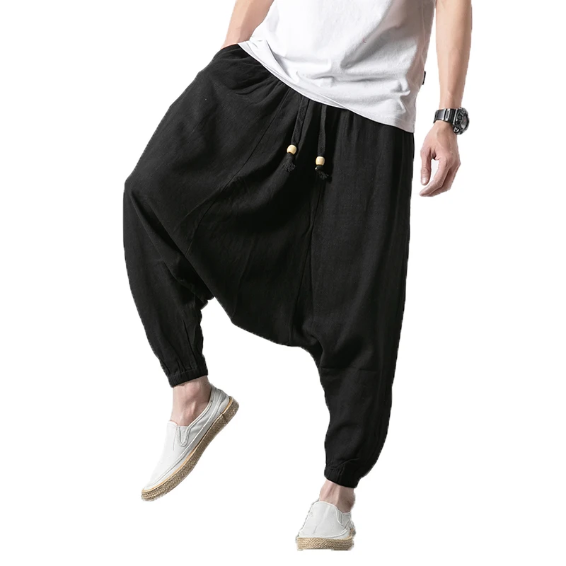 2019 Men Wide Legs Pants Baggy Harem Pants Men Solid black