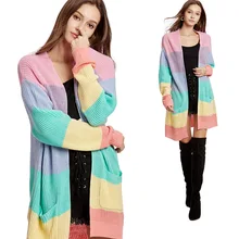 2019 Autumn Rainbow Striped Women Sweater Coat Long Sleeve V Neck Patchwork Knitted Open Front Cardigan MD-LONG Women's Coat open front colorful striped cardigan