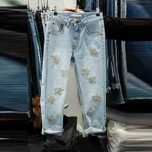 Новинка, летние синие женские брюки со средней талией, повседневные джинсовые брюки с блестками и звездами, винтажные прямые длинные тонкие женские джинсы