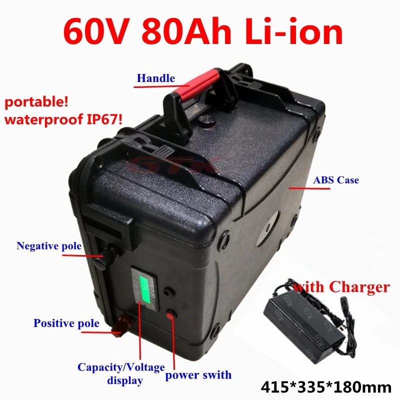 

waterproof portable 60V 80Ah Lithium li ion battery pack BMS 16S for electric boat sightseeing cars energy storage+10A charger