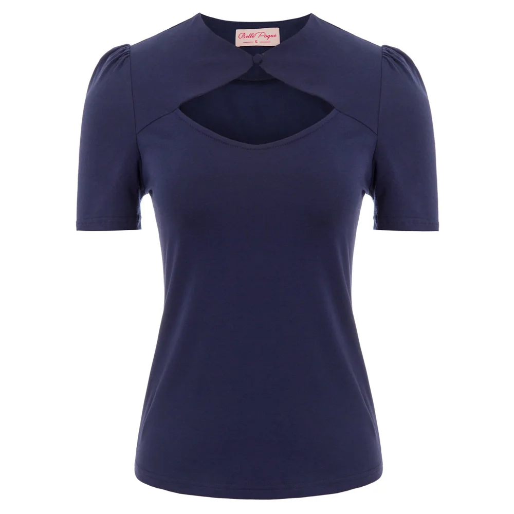 Navy Blue Женские топы, футболка, винтажная ретро сексуальная тонкая женская однотонная черная/темно-синяя с рюшами, короткий рукав, открытая спереди хлопковая футболка, топы - Цвет: Navy Blue