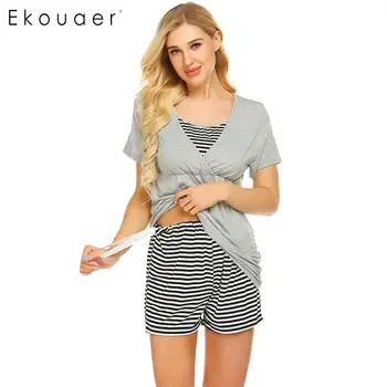 

Ekouaer Summer Pajamas Set Women Nightwear O-Neck Short Sleeve Breastfeeding Nursing Tops And Shorts Sleepwear Suit