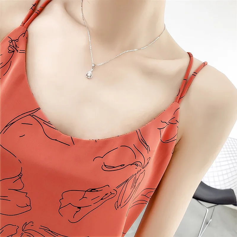 Sexy Strap T Shirt Women New Summer Backless Printed Chiffon Bottoming Small Camisole Top Female Sleeveless Beach Casual T Shirt