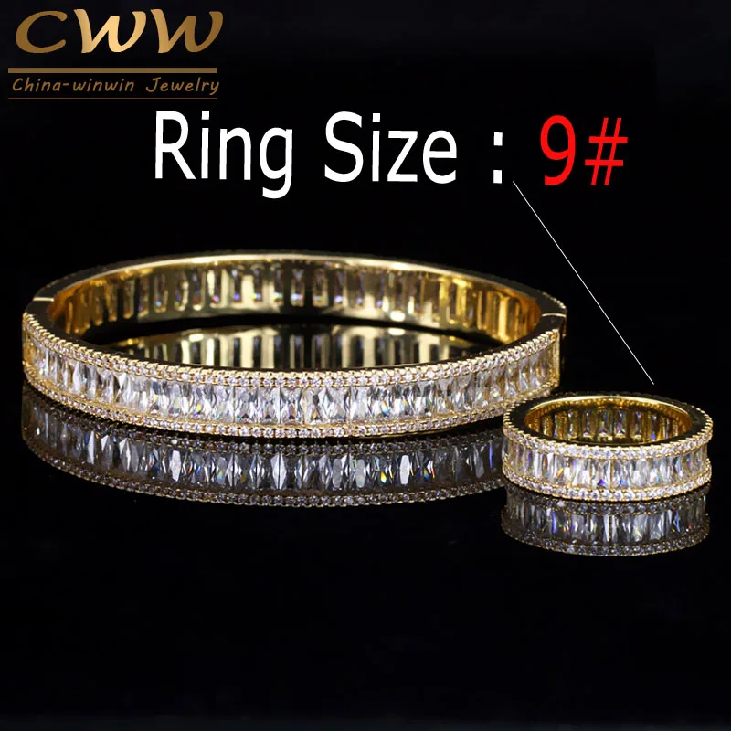 CWWZircons элегантный светильник из желтого золота цвет AAA багет Кубического Циркония Круглый модное кольцо и браслет комплект ювелирных изделий T223 - Окраска металла: Ring size 9