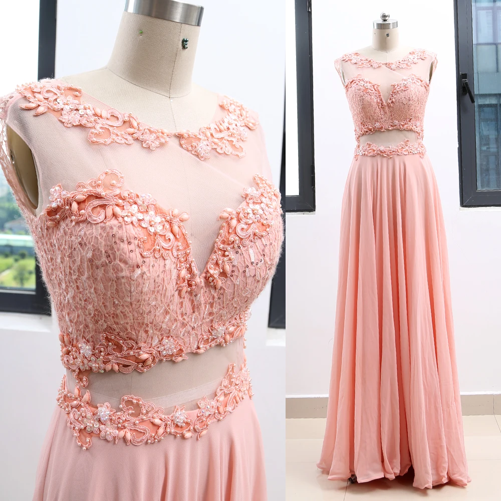 

Pink A-Line Scoop Neck Floor-Length Crystal Chiffon Prom Party Formal Evening Dress M 262945