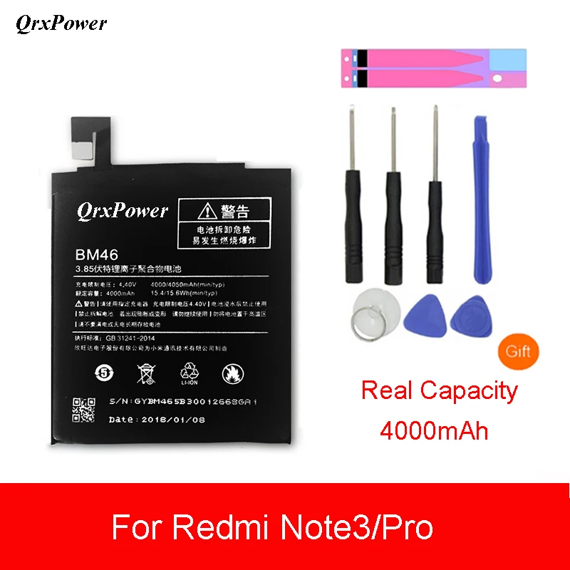 

Original BM46 Mobile Phone Battery For Xiaomi Redmi Note 3 / Pro Real Capacity 4000mAh Replacement Li-ion Battery + Tool