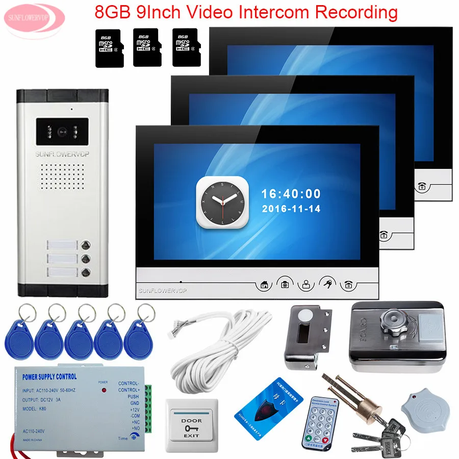 

3 Units Video Door Phone Intercom System 9inch Video Intercom With Recording +8GB TF Card Keys For The Doorphone Rfid Door Lock