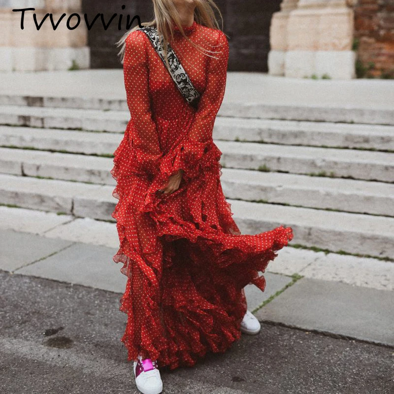 Hoge Kwaliteit Designer Runway Dress 2018 Herfst Winter Vintage Rode Polka Dot Chiffon Lange Jurk Elegante Boog Ruches Maxi V725 Hoge Kwaliteit Designer Runway Dress 2018 Herfst Winter Vintage Rode Polka Dot Chiffon Lange Jurk Elegante Boog Ruches Maxi V725